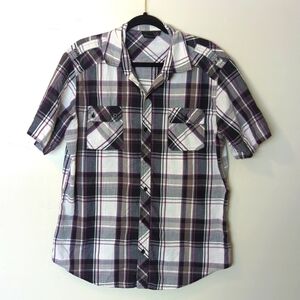 Burnside Purple & Black Plaid Button Short‎ Sleeve Shirt L